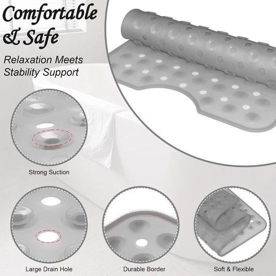 Douchemat Antislip - Badmat Zacht - Veilig Douchen - Sterke Zuignappen - 90x40 cm - Transparant Grijs — afbeelding 2