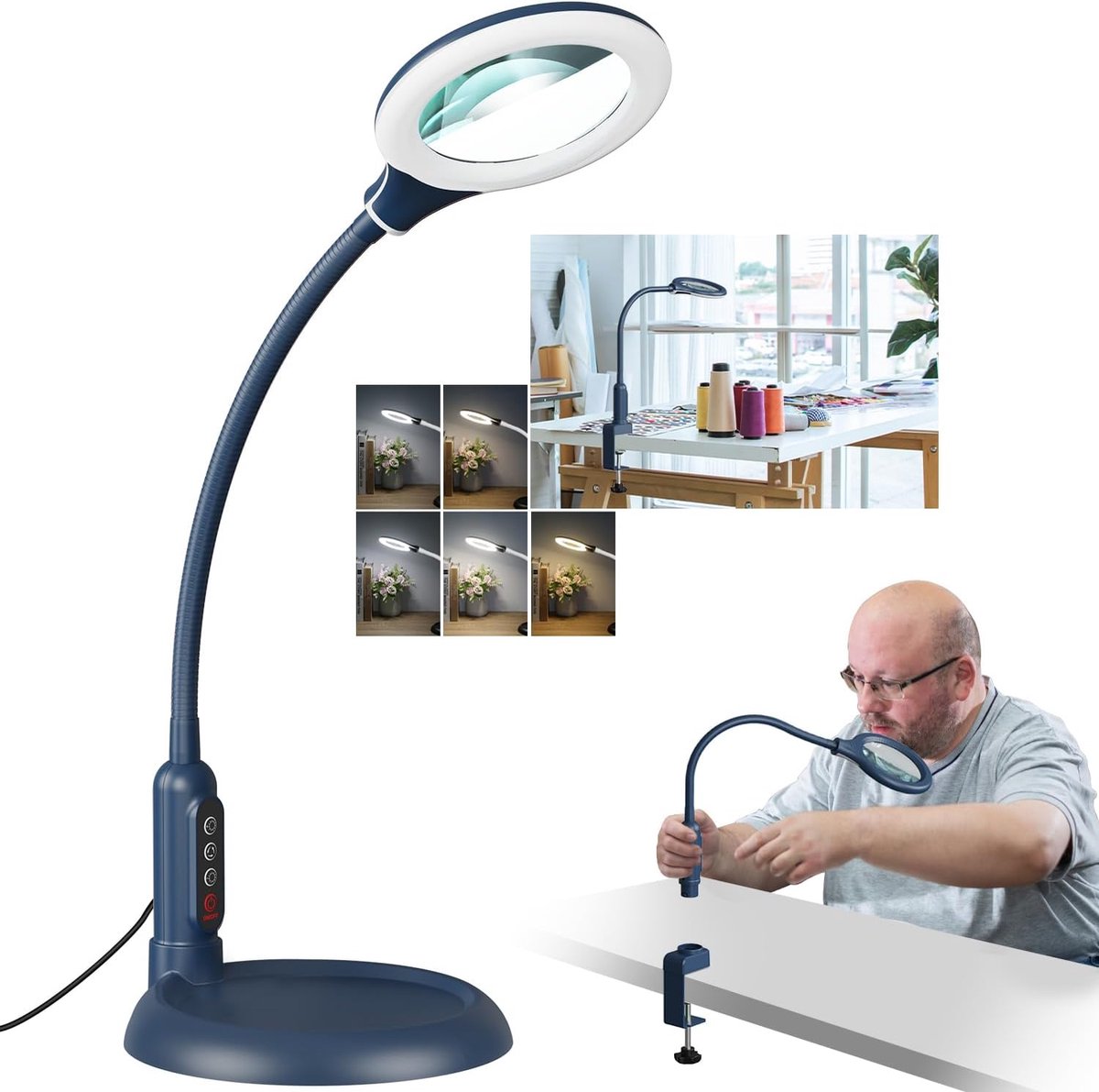 Vergrootglas met Licht - Vergrootlamp Bureaulamp - Nauwkeurig Werk - Flexibele Zwanenhals - 10x Vergroting - Blauw