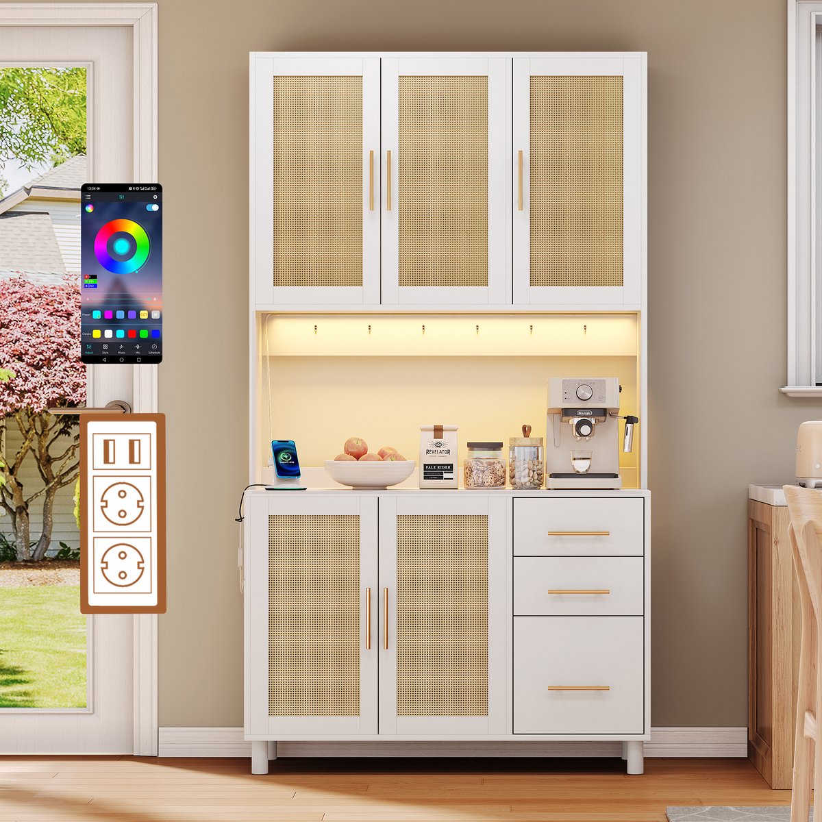 REDOM - Keukendressoir - Appgestuurde Ledverlichting En Stopcontacten - Mid-Century - Voor Keuken En Eetkamer - MDF - Wit