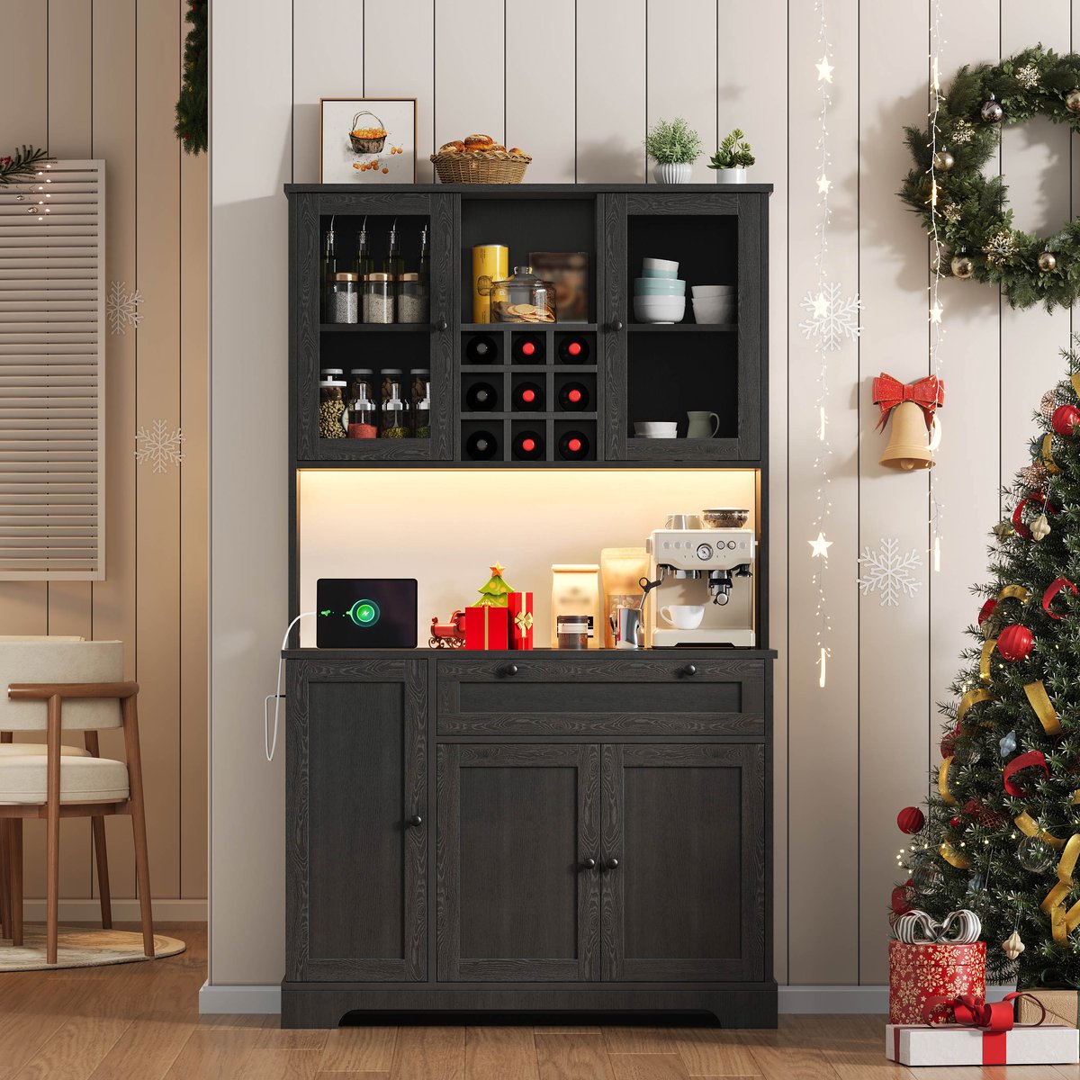 REDOM Buffetkast Met LED-Verlichting En Stopcontact - Verstelbare Planken - Moderne Stijl - Voor Keuken Of Eethoek - MDF - Zwart - 180 X 105 X 40 Cm