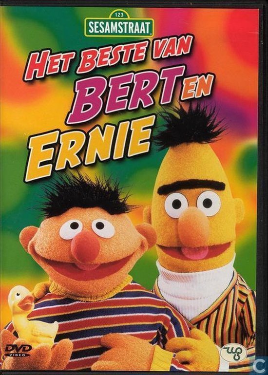 De voorkant van de dvd "Het Beste van Bert en Ernie" toont Bert en Ernie met een badeendje. Een kleurrijke achtergrond.