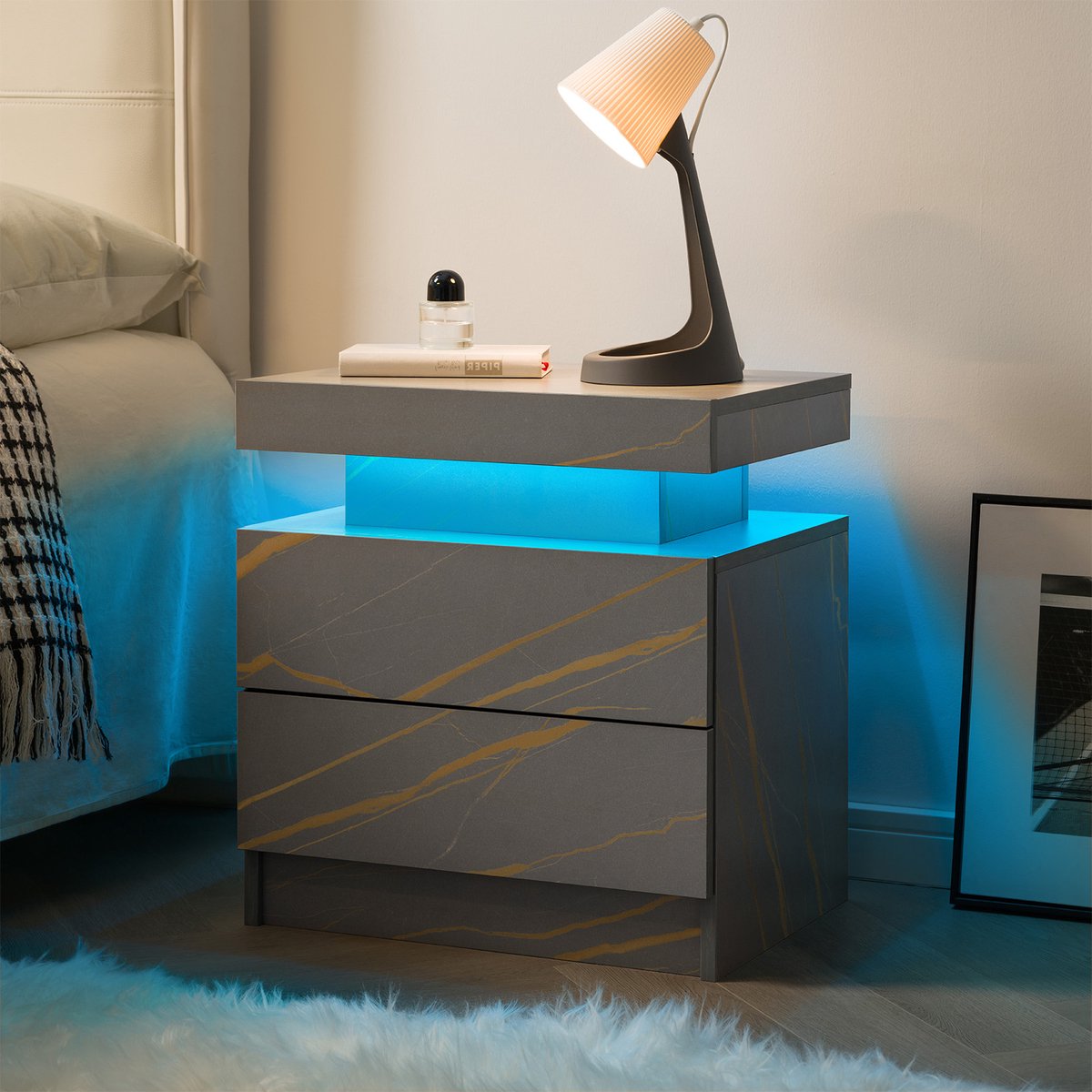 Wishdor - Nachtkastje Met Ledverlichting En 2 Laden - Modern - Voor Slaapkamer Of Woonkamer - Houtcomposiet - Grijs En Goud