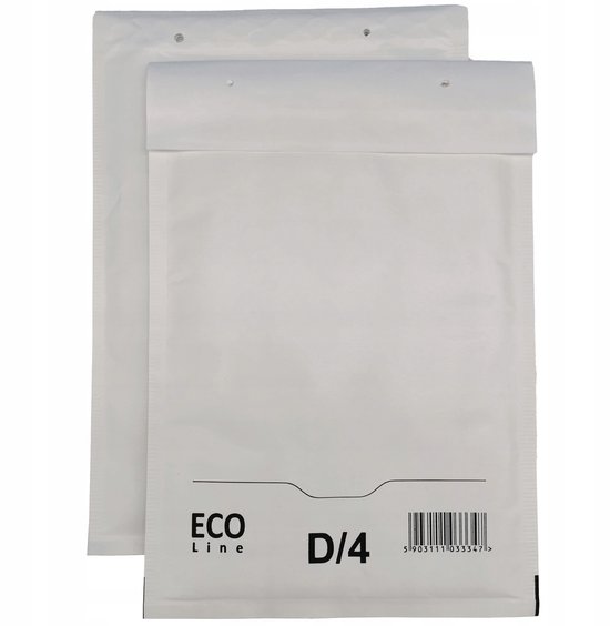 Twee witte ECO Line D/4 luchtkussenenveloppen met perforaties.