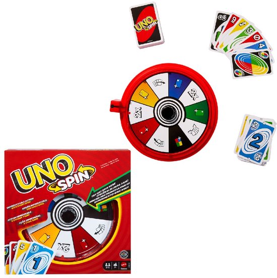 UNO Spin bordspel, rood spinwiel, stapels speelkaarten en losse kaarten op witte achtergrond.