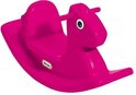 Een roze Little Tikes hobbelpaard, zonder kind, op een witte achtergrond.
