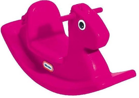 Een roze Little Tikes hobbelpaard, zonder kind, op een witte achtergrond.