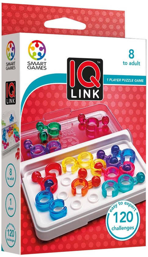 Doos van IQ Link, 1-persoons logische puzzelspel voor 8+, met spelonderdelen en boekje.