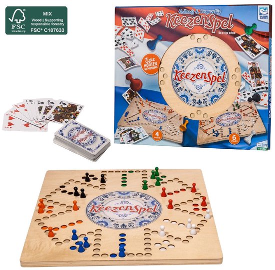 De verpakking van het houten Keezenspel met een bord, kaarten en pionnen in blauw, oranje, rood en groen.