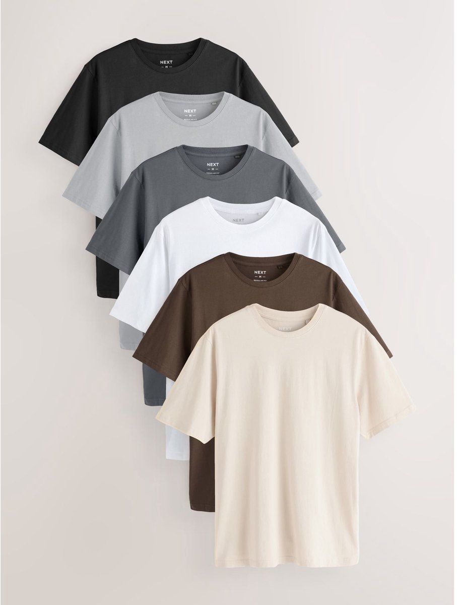 Next - Heren - Set van 6 basic T-shirts van katoen met standaard pasvorm - Wit