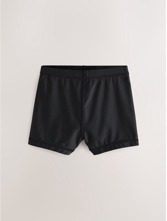 Voorkant van een zwarte zwemshort met elastische tailleband.