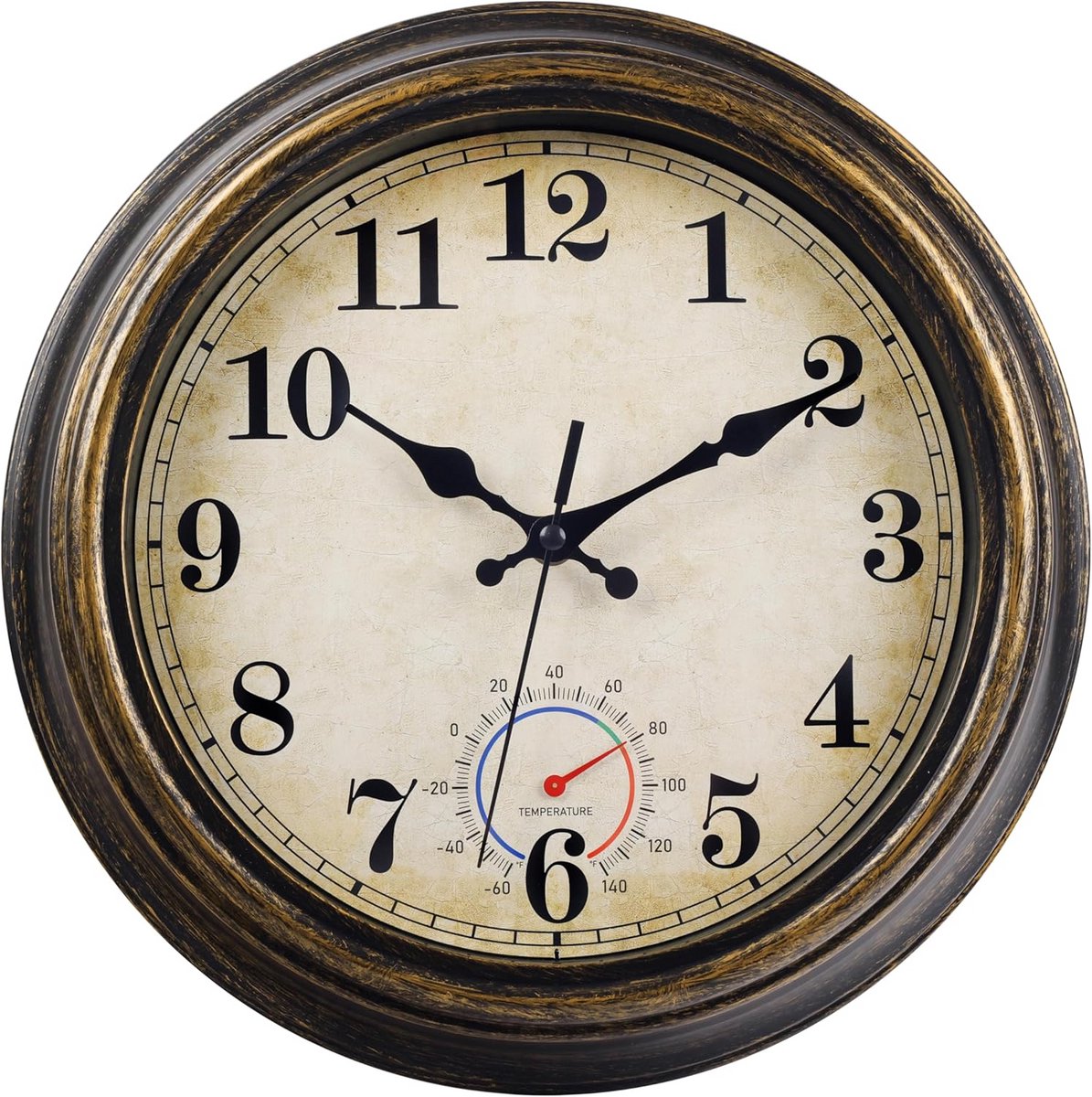 Buitenklok met thermometer - Wandklok weerbestendig - Terras en tuin - Stijlvol vintage design - 305 cm diameter - Zwart