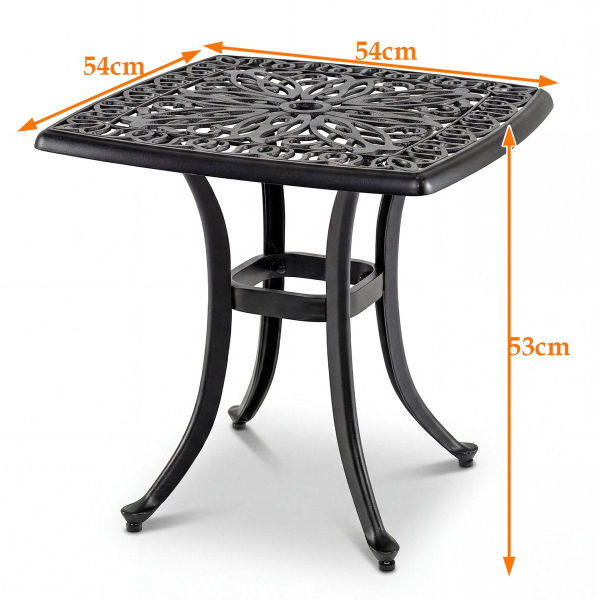 KOMFOTTEU bijzettafel voor buiten 54cm, vierkante bistrotafel van gegoten aluminium met parasolgat, opengewerkt bloemenpatroon, kleine weerbestendige salontafel voor tuin en balkon thumbnail 2