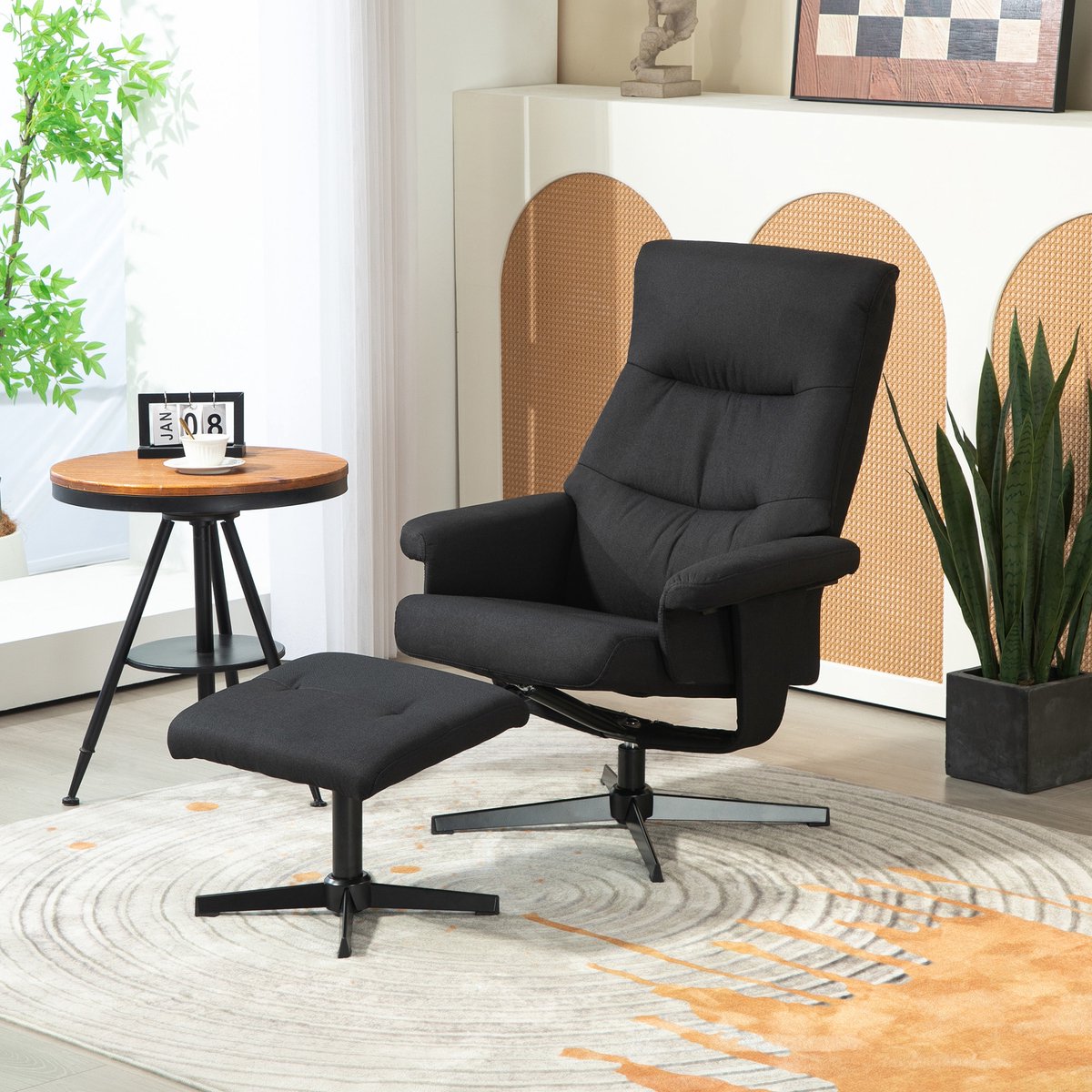 REDOM - Relaxfauteuil Met Hocker - Verstelbare Rugleuning, Draaibaar En Schommelend - Polyester - Zwart