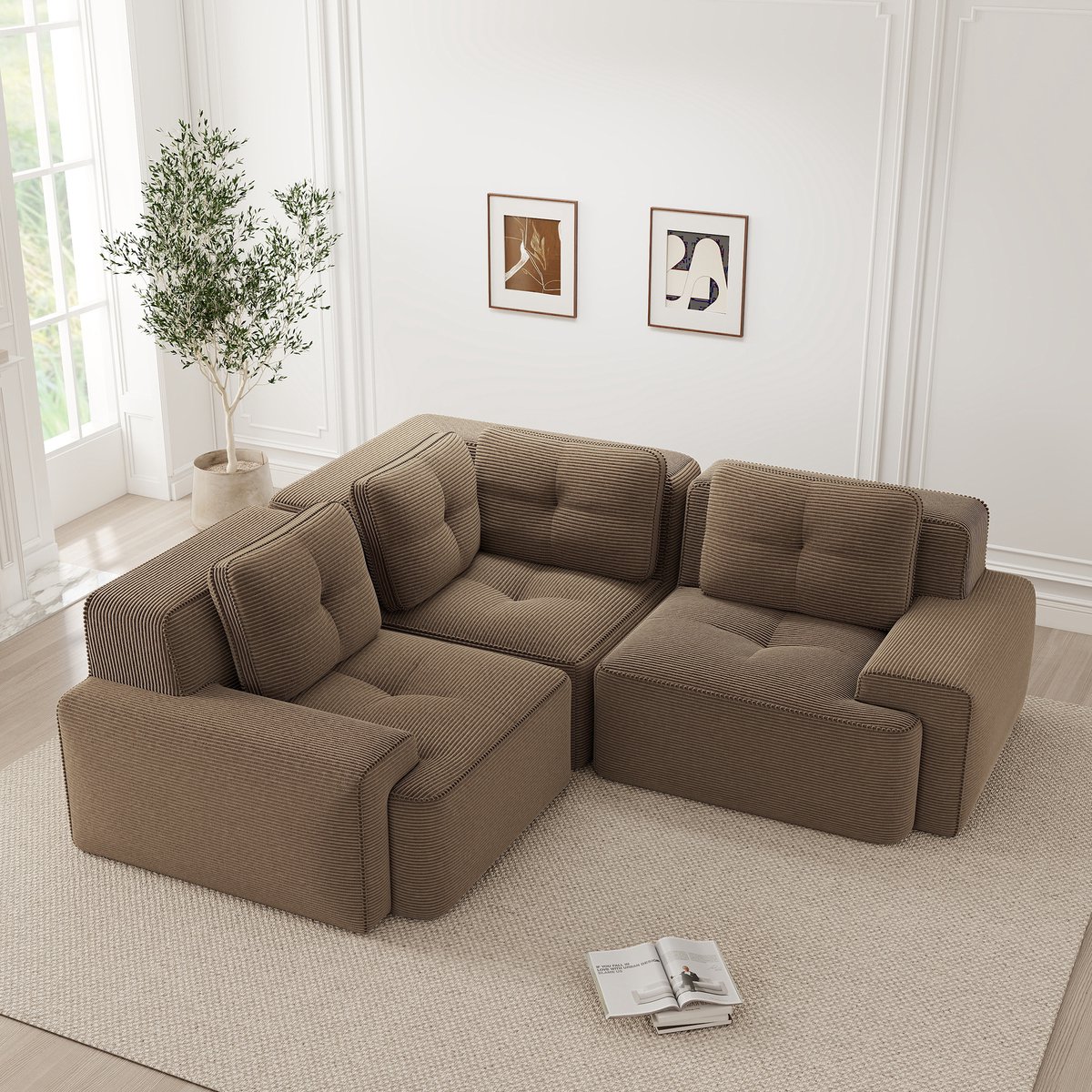 Wishdor Modulaire Hoekbank - Diepe Zit En Antislip - Minimalistisch - Voor Woonkamer - Cordstof - Bruin