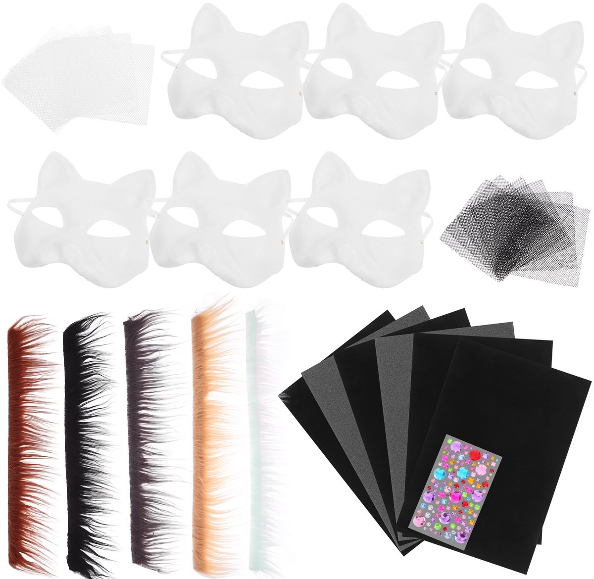 DIY Blanco Kattenmasker Set – 6 Stuks Halfgezichtsmaskers om Zelf te Beschilderen & Versieren – Inclusief Vilt, Gaas & Stickers – Voor Carnaval, Halloween & Cosplay