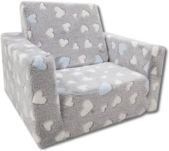Kindvriendelijke opvouwbare pluchen kinderstoel met zitting en ligfunctie - comfortabel kids relaxfauteuil, blauwe harten van Merkloos — afbeelding 2
