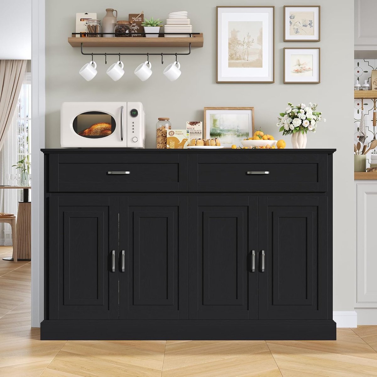 Keukenkast met Werkblad 140 cm – Buffetkast, Dressoir, Keukeneiland & Koffiebar met Lades en Deuren – 140 x 39,5 x 92,5 cm – Zwart – Laura