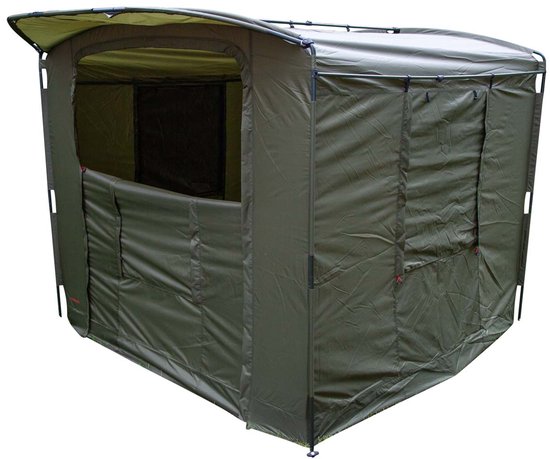 Groene Ultimate tent met oprolbare voorkant, zicht op de zijkant en luifel.