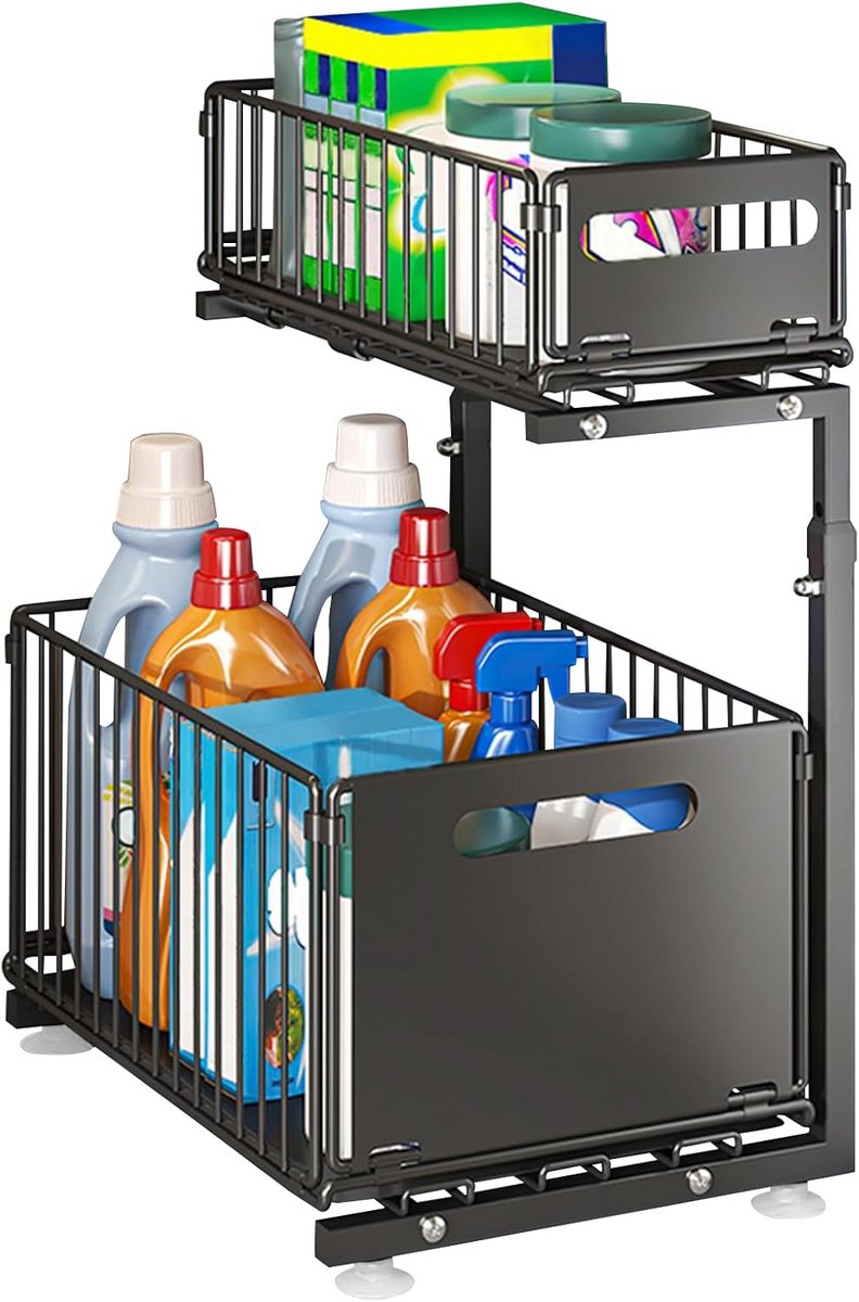Keuken Organizer - Kast Opslag - Onder Gootsteen - Soepele Schuifladen - 26x38x48cm - Zwart