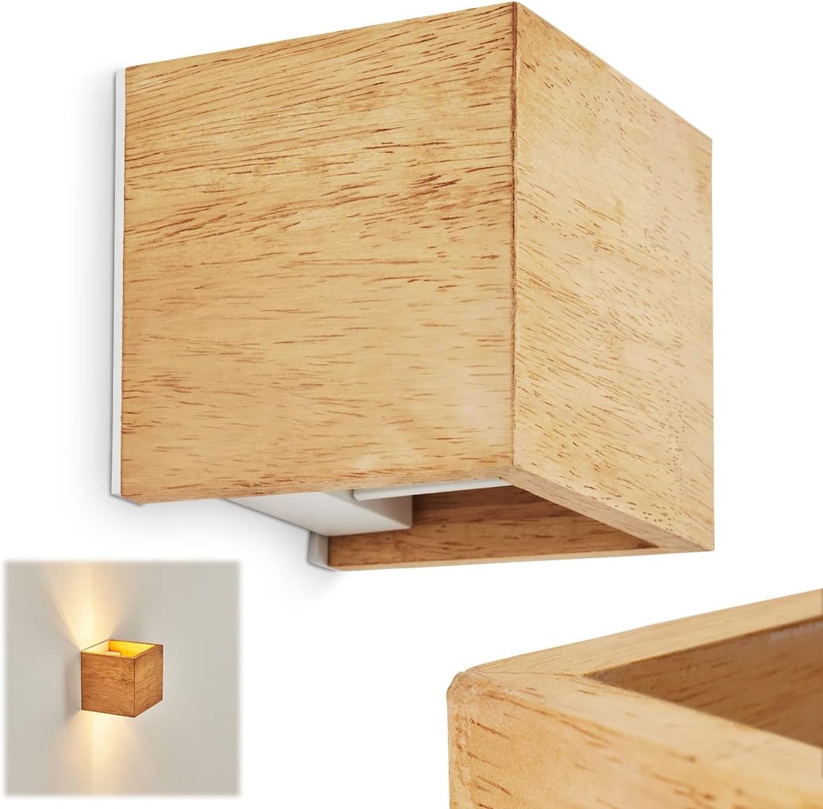 Wandlamp Hout Metaal - Moderne Muurspot - Binnenverlichting - Hoekig Ontwerp - 11x10.5x10 cm - Natuur Wit