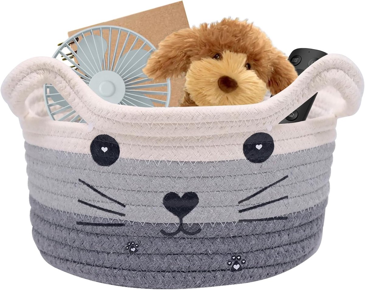 Katoenen Opbergmand - Decoratieve Mand - Kinderkamer Organisatie - Leuk Kat Ontwerp - 21x12cm - Grijs Zwart Wit