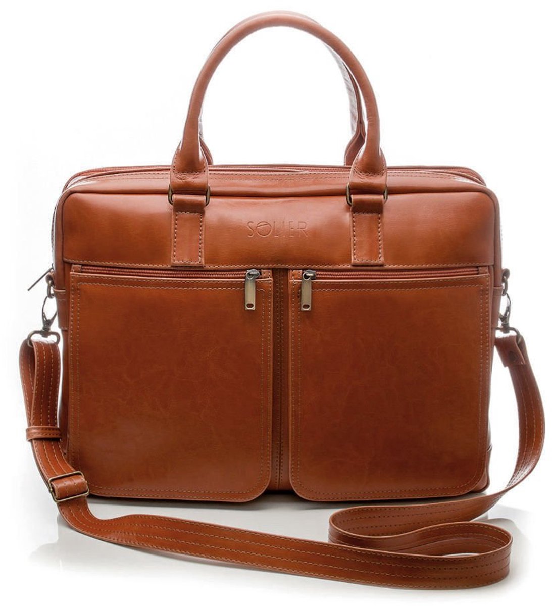 Solier SL01 Dundee - Laptoptas Heren - Echt Leer - 17 inch Laptopvak - Zakelijk Gebruik - Schouderriem - Vintage Bruin