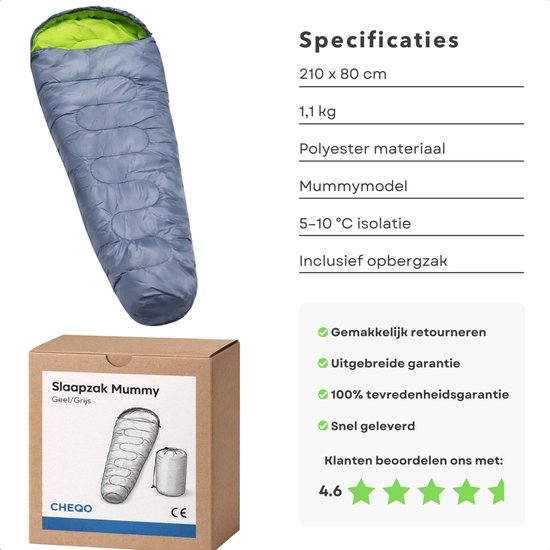 Cheqo® Mummy Slaapzak - Zomerslaapzak - Slaapzak Volwassenen - Slaapzak 1 Persoons - Camping Slaapzak - Outdoor Slaapzak - Festival Slaapzak - Lichtgewicht Slaapzak - Slaapzak Met Capuchon - Geel Grijze Slaapzak van Cheqo — afbeelding 4