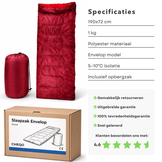 Cheqo® Envelop Slaapzak - Deken Slaapzak - Slaapzak Volwassenen - Zomerslaapzak - Lente Slaapzak - Camping Slaapzak - Kampeer Slaapzak - Festival Slaapzak - Slaapzak Wandelen - Slaapzak Hiken - Rode Slaapzak van Cheqo — afbeelding 2