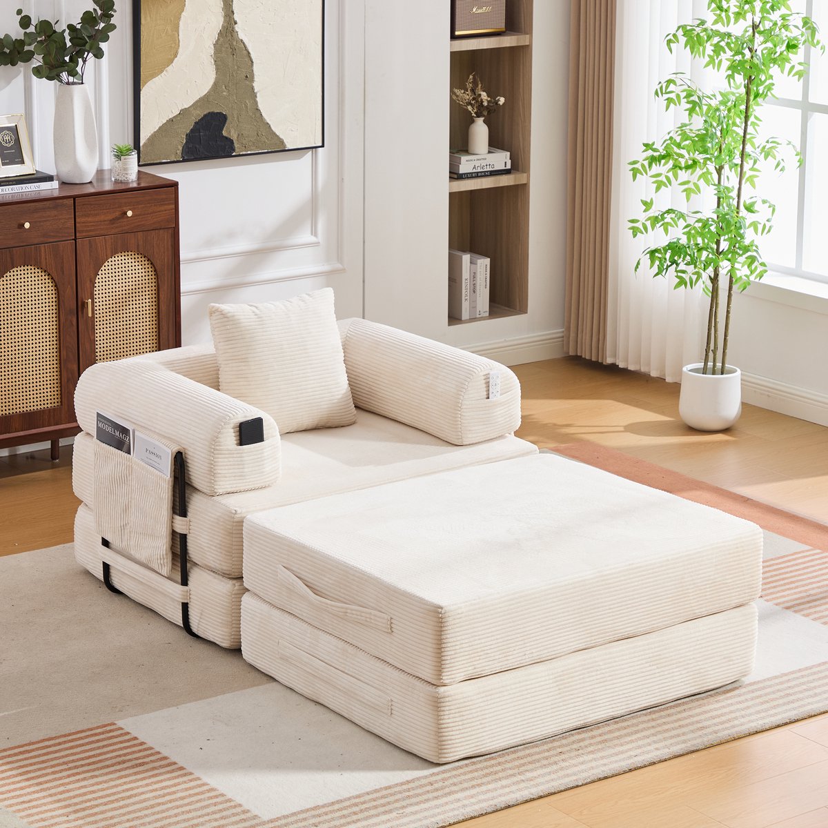 STILVORA Voetenbank 109 x 95 x 43 cm - Uitklapbaar Tot Eenpersoons Ligstoel - Voor Woonkamer En Logeerkamer - Ribstof - Beige