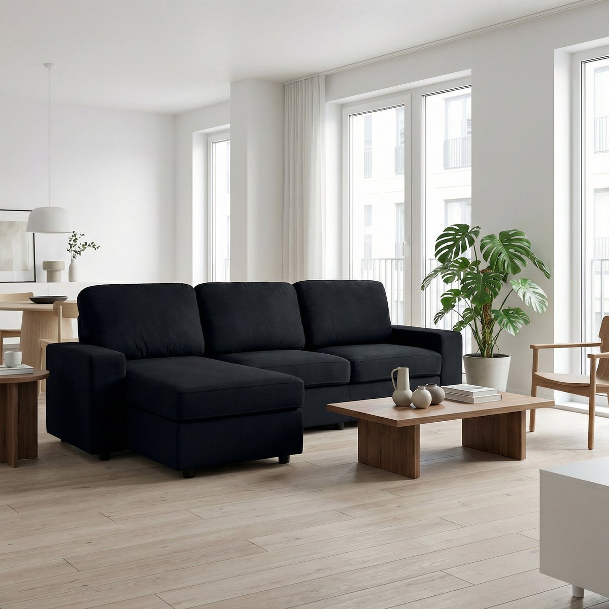 HAUSS SPOLE Hoekbank - Loungesofa Met Opbergruimte En Omkeerbare Ottomane - Voor Woonkamer En Gezinskamer - Polyester Zwart