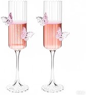 2 stuks 3D-champagneglazen met vlinderdecoratie - Roze vlinderdecoratie - Gestreept wijnglas - Cocktailglas - 4,3 x 24,3 cm - Geschikt voor thuis, bar, bruiloft en feest - Roze transparant