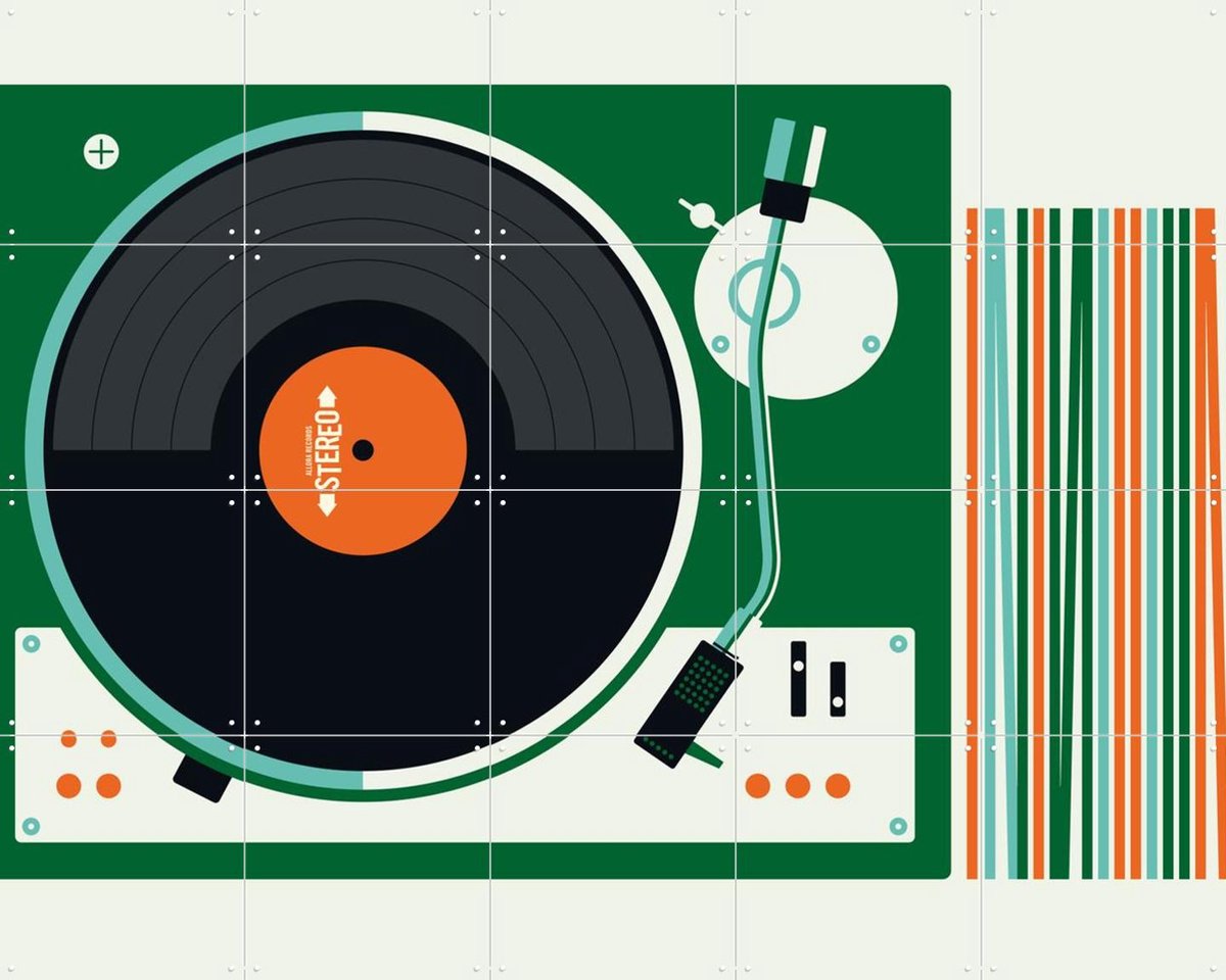 IXXI Record Player, Bo Lundberg - 100 x 80 cm - Gratis ophangtool - Grote wanddecoratie en posters - Vintage, Illustraties, Minimalisme, Kleurrijk