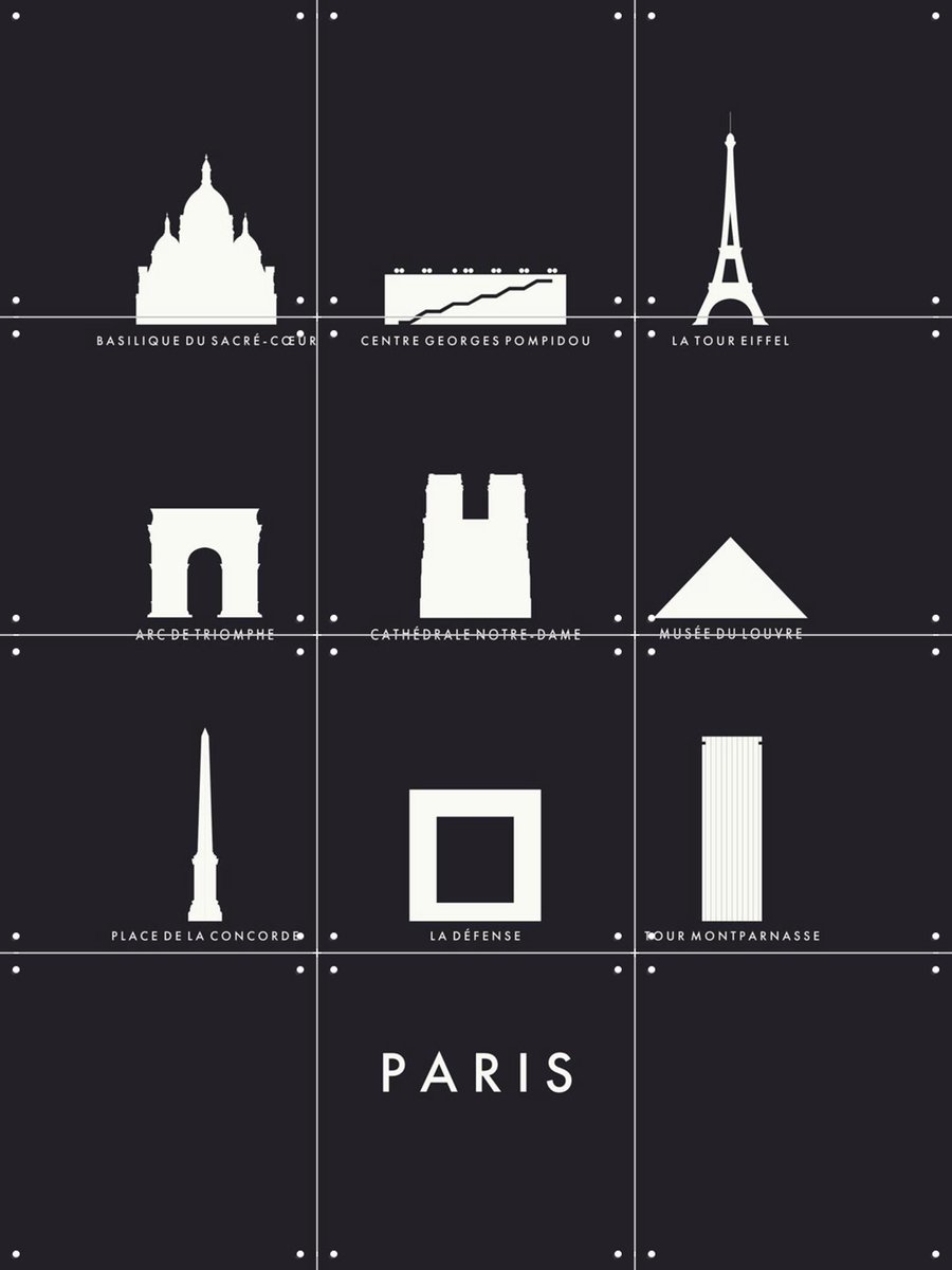 IXXI Paris Architecture black, Kunst in Kaart - 60 x 80 cm - Gratis ophangtool - Grote wanddecoratie en posters - Illustraties, Minimalisme