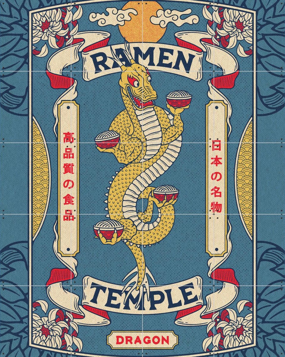 IXXI Ramen Temple Dragon, Ryan Ragnini - 80 x 100 cm - Gratis ophangtool - Grote wanddecoratie en posters - Illustraties, Kleurrijk, Klassiek