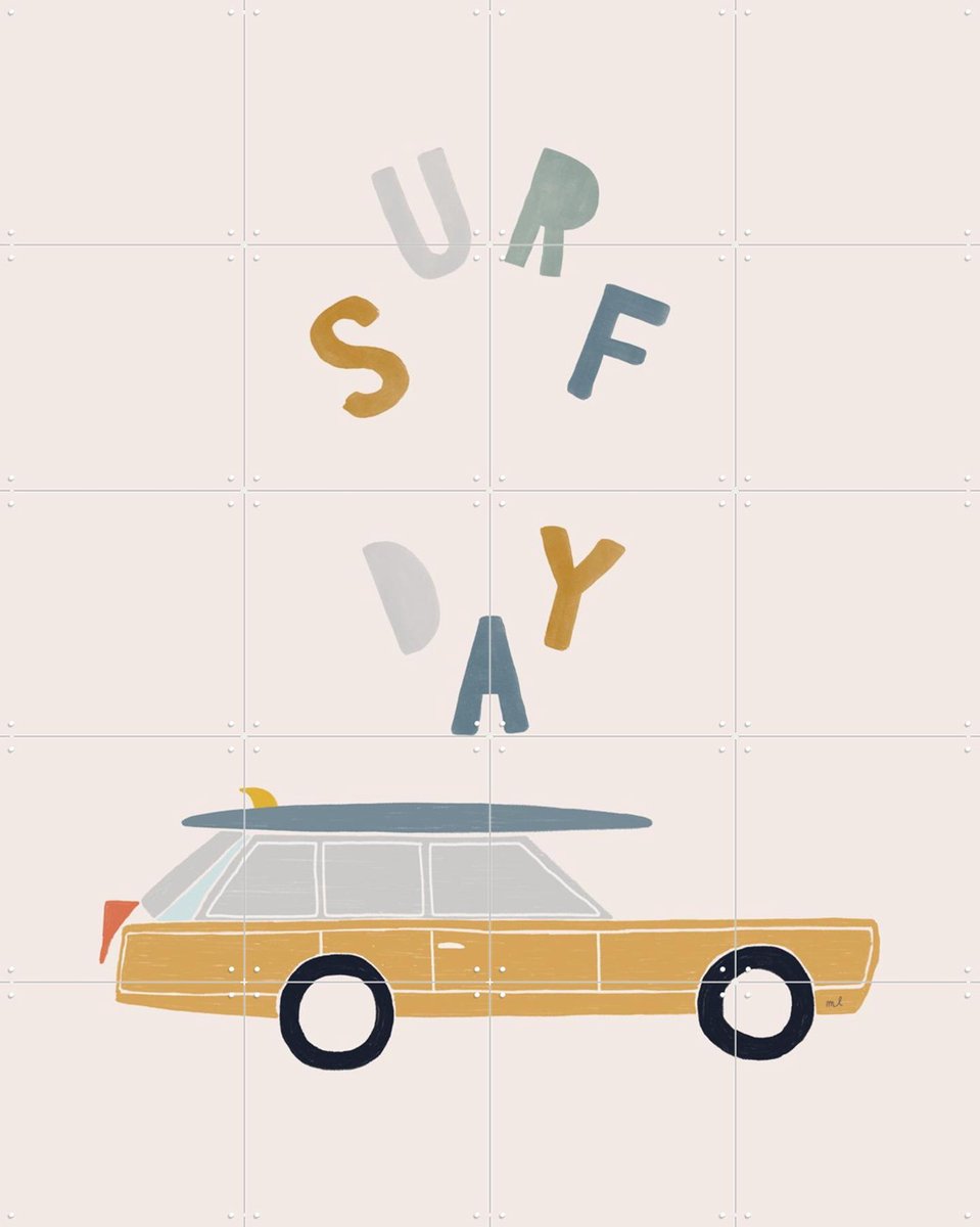 IXXI Surfing Retro Car, Menina Lisboa & Various - 80 x 100 cm - Gratis ophangtool - Grote wanddecoratie en posters - Retro, Speels, Illustraties