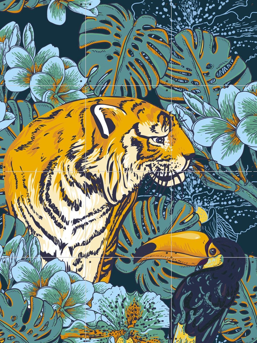 IXXI Tiger Jungle, Creative Lab Amsterdam - 60 x 80 cm - Gratis ophangtool - Grote wanddecoratie en posters - Illustraties, Speels, Kleurrijk