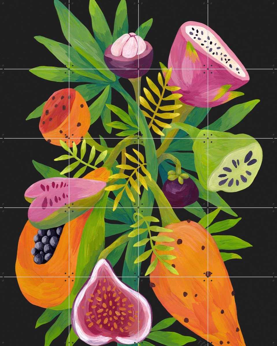 IXXI Exotic Fruits black, Flaming Garden - 80 x 100 cm - Gratis ophangtool - Grote wanddecoratie en posters - Digitale Kunst, Kleurrijk, Speels