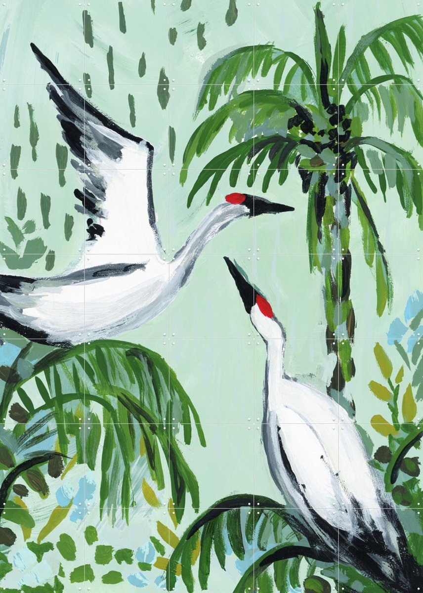 IXXI Tropical Cranes, Green Barn Studio - 100 x 140 cm - Gratis ophangtool - Grote wanddecoratie en posters - Kwaststreken, Abstract, Speels