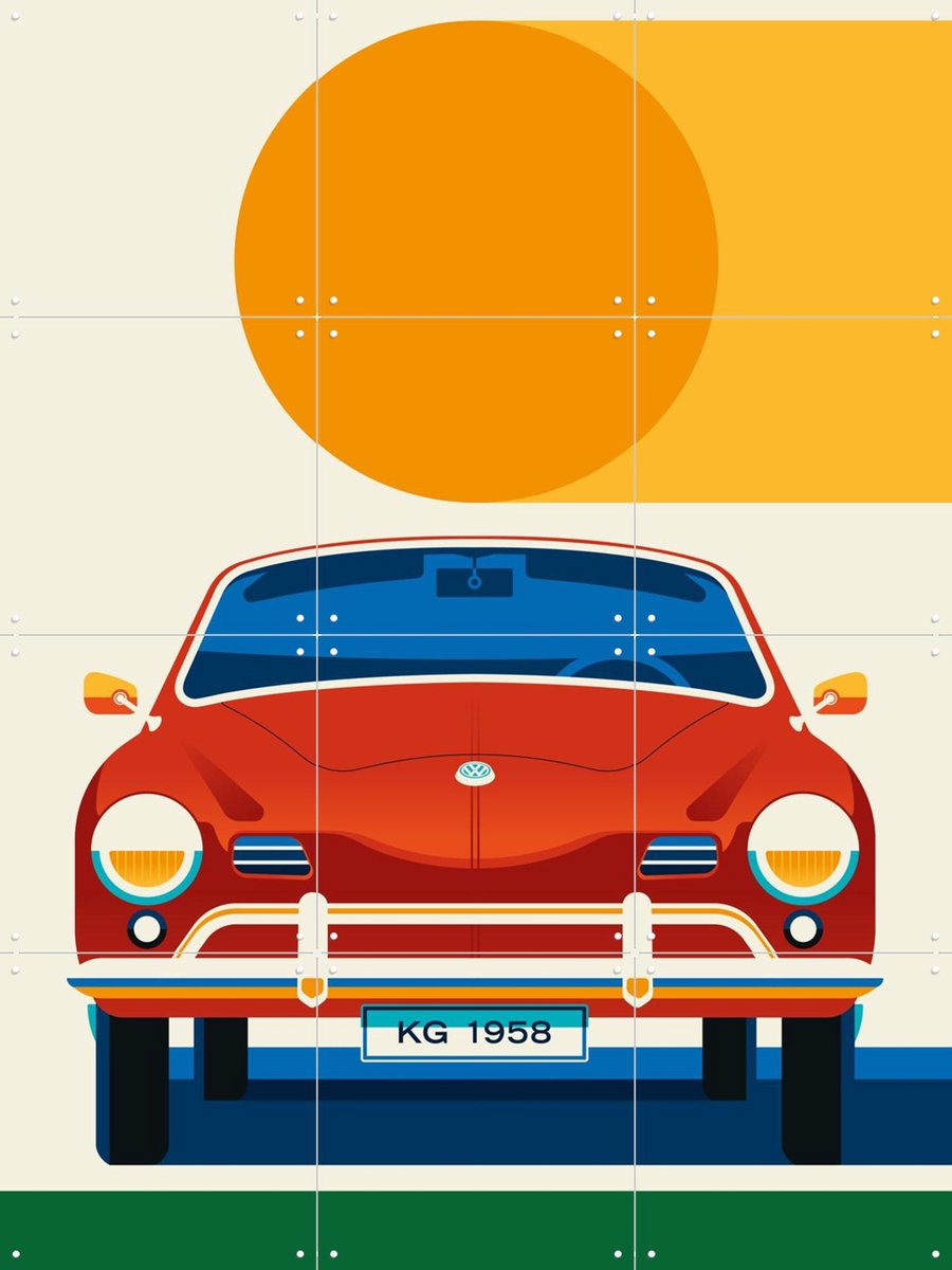 IXXI Red Vintage Sports Car Front, Bo Lundberg - 60 x 80 cm - Gratis ophangtool - Grote wanddecoratie en posters - Illustraties, Vintage, Kleurrijk