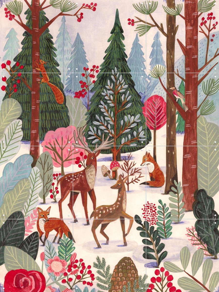 IXXI Animals in winter forest, Caroline Bonne Müller & Various - 60 x 80 cm - Gratis ophangtool - Grote wanddecoratie en posters - Illustraties