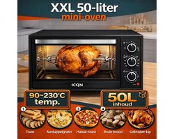 ICQN Vrijstaande Oven - 50L - Convectie Mini Oven - Pizzaoven - Hetelucht & Grillfunctie - Geëmailleerde Holte - Zwart