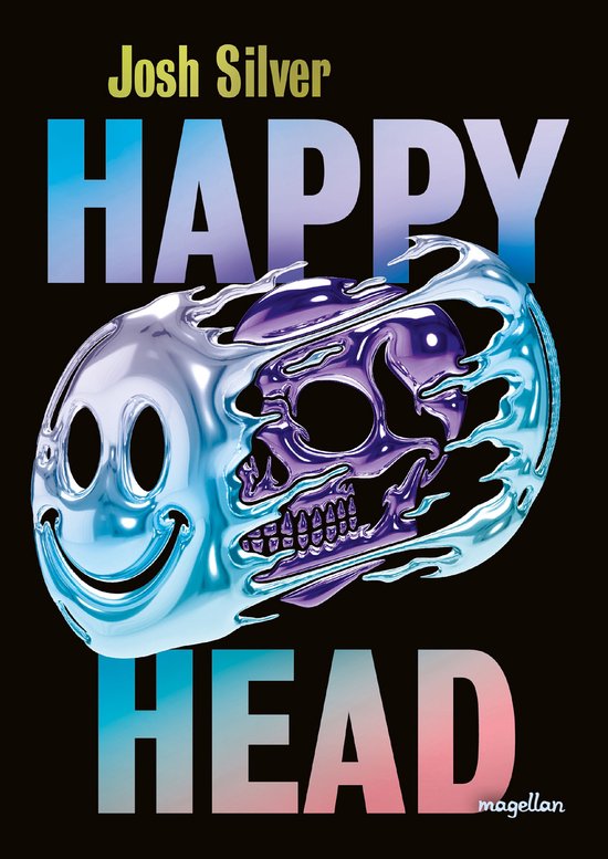 Couverture du livre 'Happy Head' représentant un emoji souriant brillant et fondu révélant un crâne.