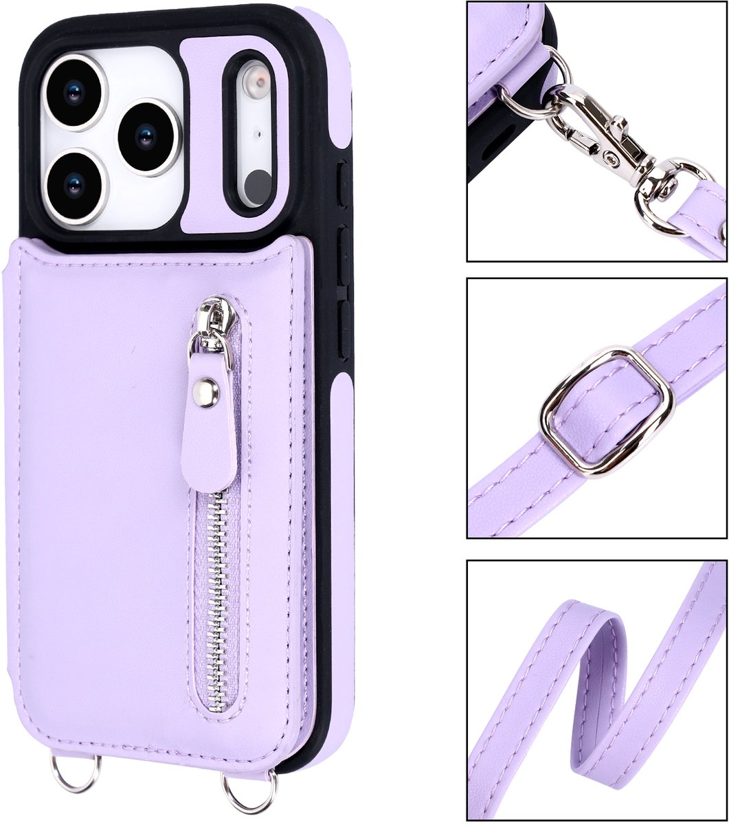 Casemania Hoesje Geschikt voor Apple iPhone 17 Pro Max - Paars - Luxe Back Cover met Koord en Rits - Wallet Case met Pasjeshouder - Lanyard Telefoonhoes - Cord Case