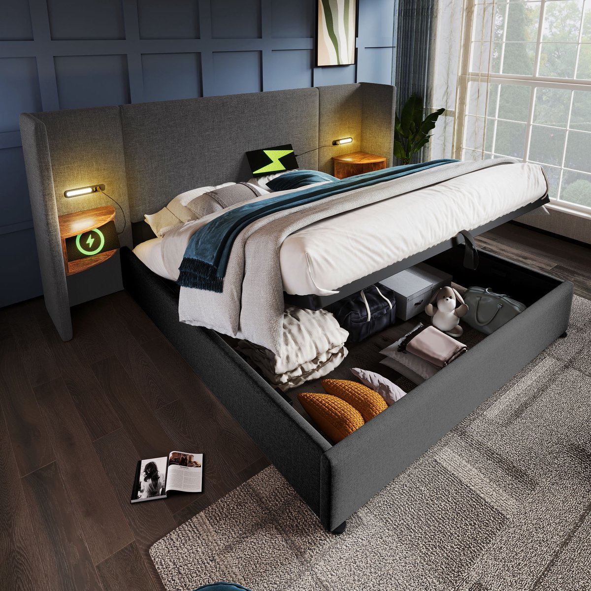 MODFU Bedframe 180x200 cm – met leeslamp, 2x USB & 2x Type-C – Hydraulische opbergruimte –