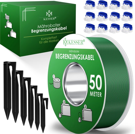 KESSER grensdraad voor robotmaaier 2,7mm, inclusief 12 kabelconnectors met draadknippers, geïsoleerd en duurzaam