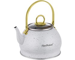Haus Roland emaille waterketel 1,5 liter HR710-12 – Inductie waterkoker – Wit met goud – Zonder fluit – Opklapbaar handvat