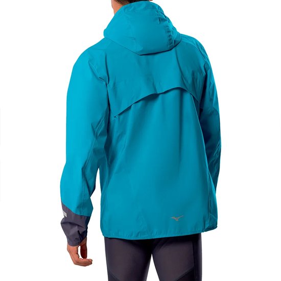 Blauwe Mizuno jas met capuchon, donkergrijs op de onderarmen en achterkant.