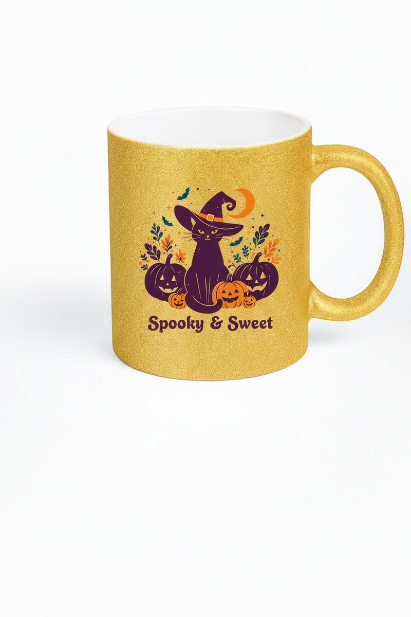 Spooky & Sweet Halloween Glitter Mok - Unieke Koffiemok met Heksenkat Design