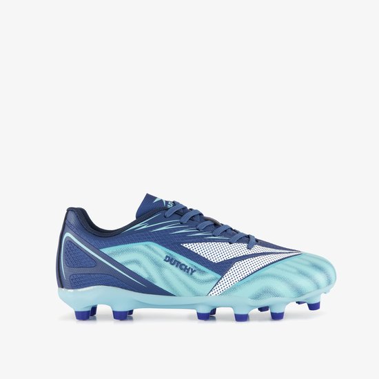 Zij aanzicht van een blauwe Dutchy voetbalschoen met witte stippen en lichtblauwe patronen.
