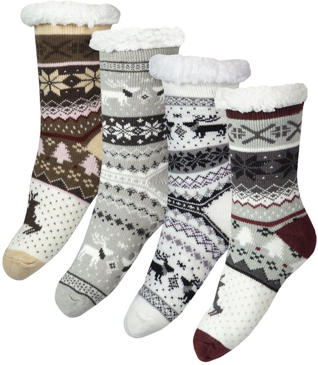 Wintersokken met teddy voering en anti slip zool. one size, 4 paar.